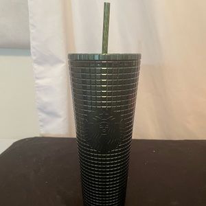 Starbucks 2021  Winter Holiday Dark Green Black Trim Grid 24oz Tumbler Cold Cup